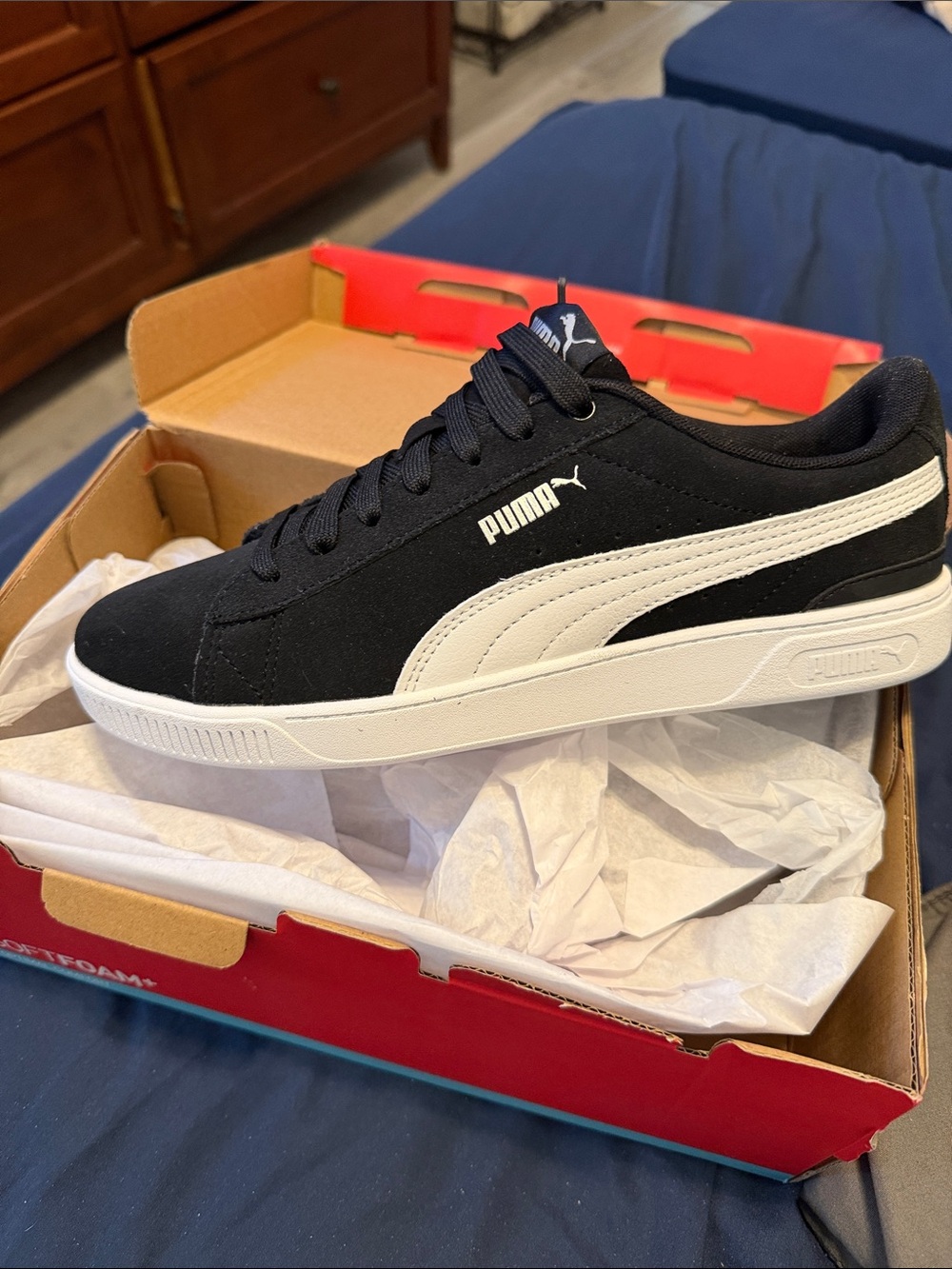 Puma Vikky v3 Black & White Low-Top Suede Court Sneakers